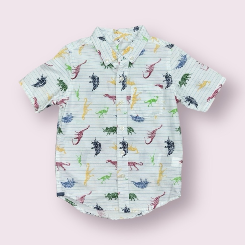 Like New GAP Dinosaur Button Down Shirt 4 White Blue